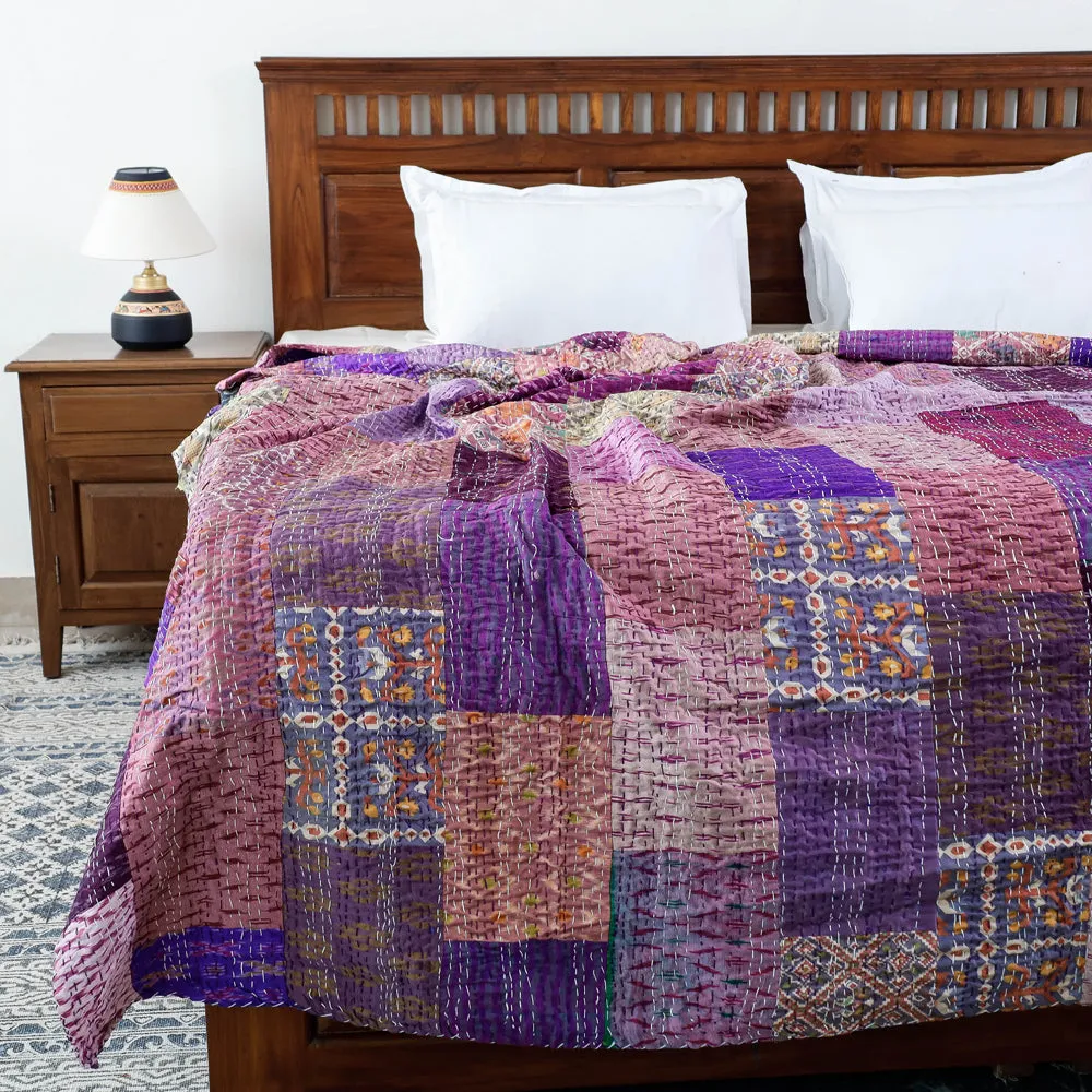 Khambadiya Kantha Patchwork Silk Cotton Quilt / Gudri / Blanket (108 x 90 in)