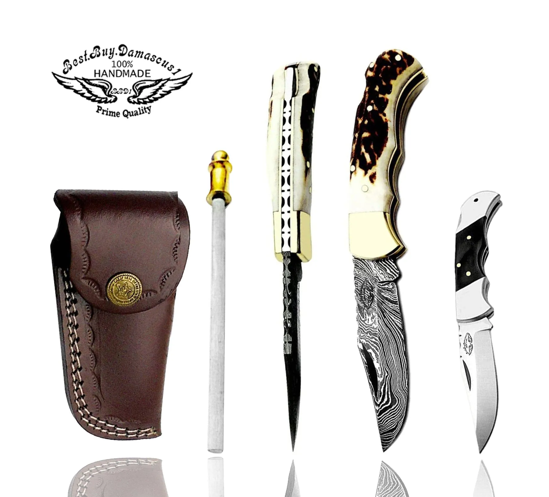 knife 6.5" Deer Antler Horn Folding Pocket Knife Custom Handmade Damascus pocket knife Hunting folding knife set Premium Quality