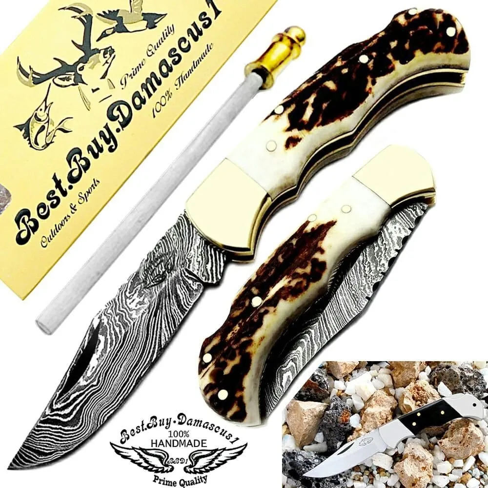 knife 6.5" Deer Antler Horn Folding Pocket Knife Custom Handmade Damascus pocket knife Hunting folding knife set Premium Quality