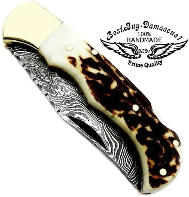 knife 6.5" Deer Antler Horn Folding Pocket Knife Custom Handmade Damascus pocket knife Hunting folding knife set Premium Quality