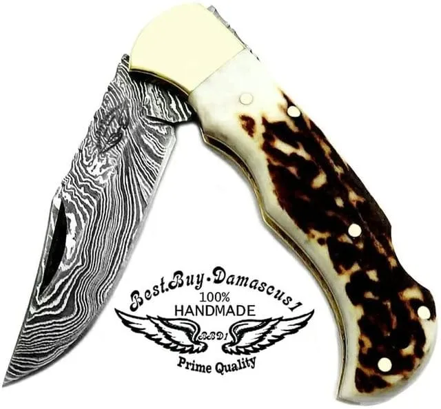 knife 6.5" Deer Antler Horn Folding Pocket Knife Custom Handmade Damascus pocket knife Hunting folding knife set Premium Quality