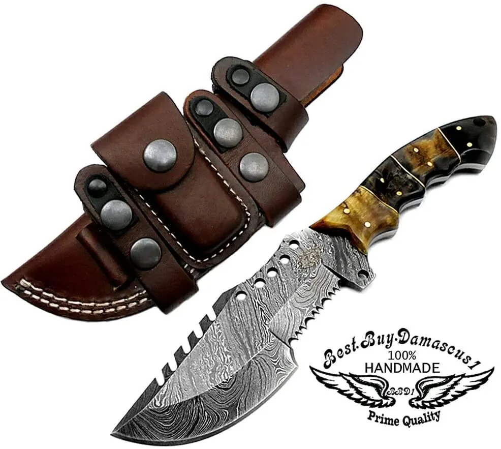 Knife Hunting Knife Ram Horn 9.5" Tracker Knife Fixed Blade Damascus Knife