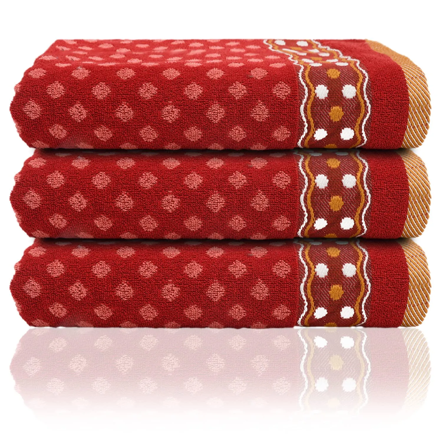 Kuber Industries Luxurious Dot Printed Soft Cotton Bath Towel Perfect for Daily Use, 30"x60" - Pack of 3 (Red)-50KM01787