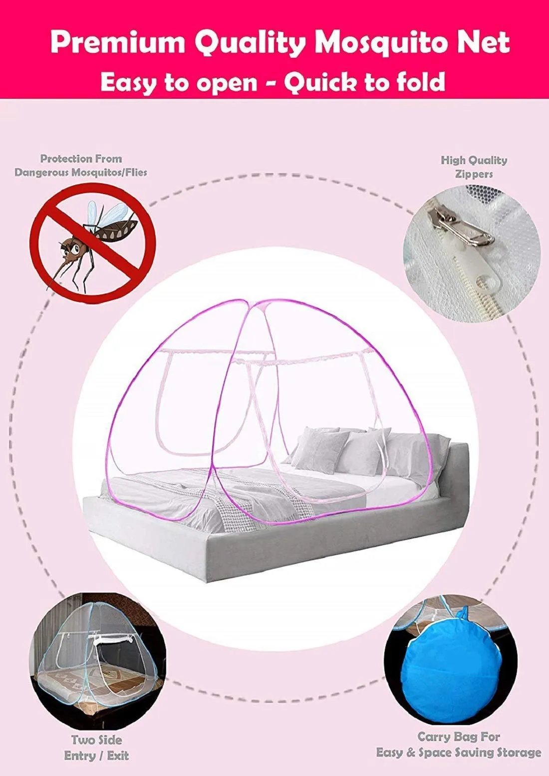 Kuber Industries Polyester Foldable Mosquito Net Tent,Single Bed, 6.5 Ft X 4 Ft (Pink), King (F_26_KUBMART016877)