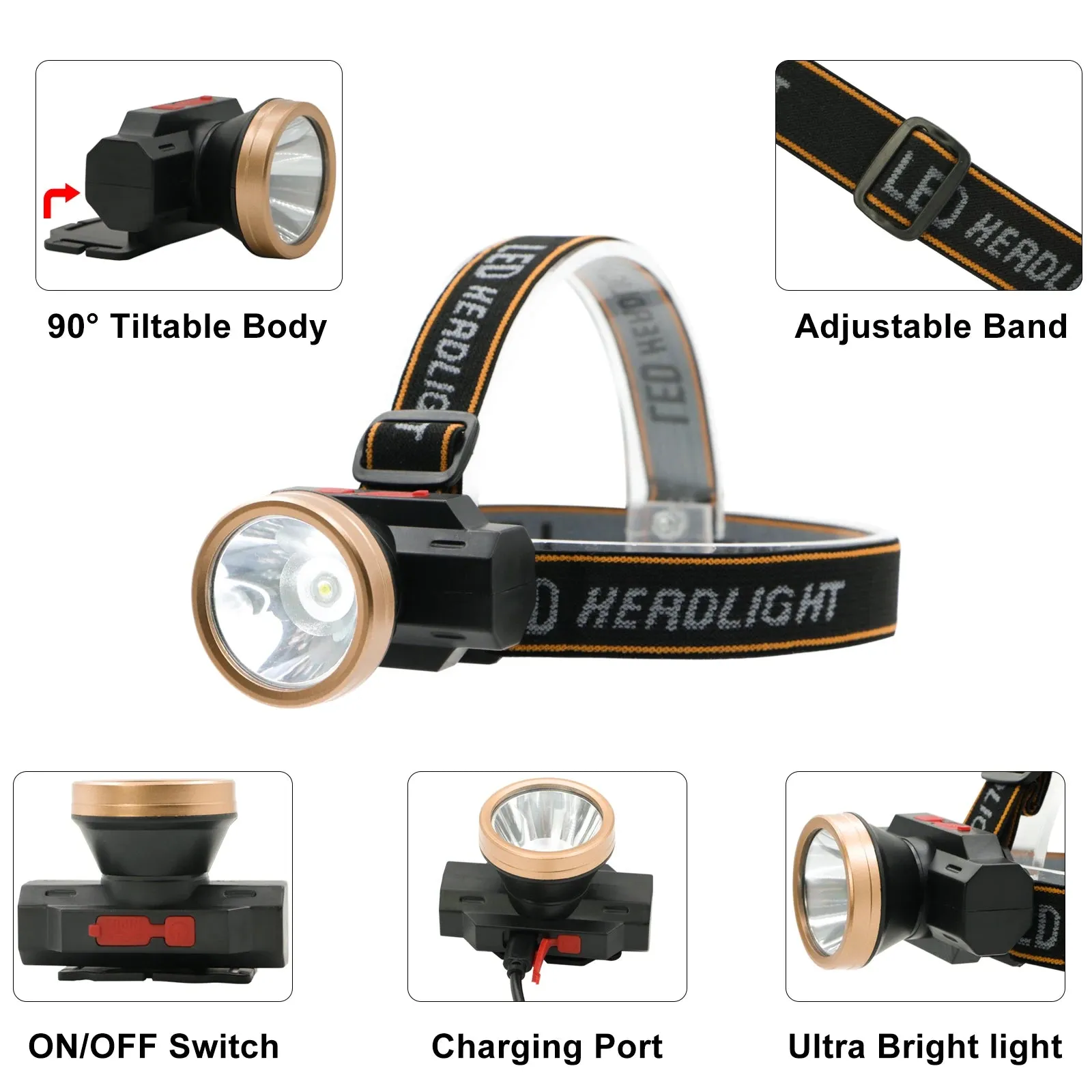 LED Rechargeable Lamp USB Headlamp Waterproof for Home Mountaineering Hiking Running Children's Strong Flashlight with Battery