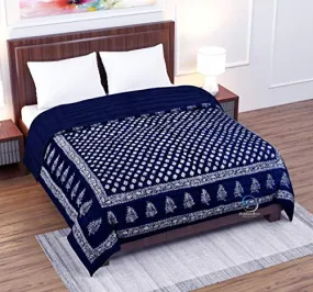 LushHavenDecor Jaipuri Razai Double Bed Gold Print with Computerized Quilting Use as Soft and Breathable Cotton Comforter Quilt Rajai Blanket Dohar Size 85X100 inch Blue Pack of 1