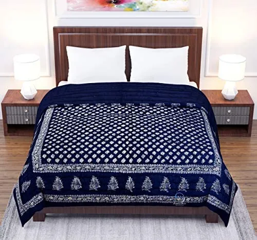 LushHavenDecor Jaipuri Razai Double Bed Gold Print with Computerized Quilting Use as Soft and Breathable Cotton Comforter Quilt Rajai Blanket Dohar Size 85X100 inch Blue Pack of 1