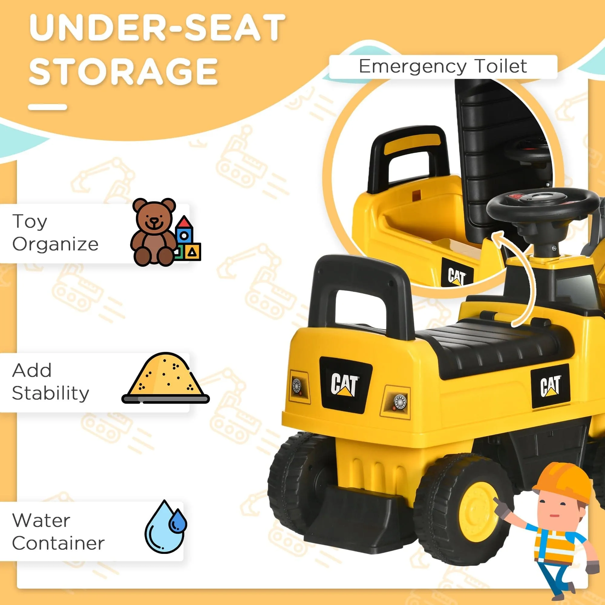 Maplin Plus CAT Licensed Kids Ride-On Toy Digger with Manual Shovel & Horn for Ages 1-3 Years