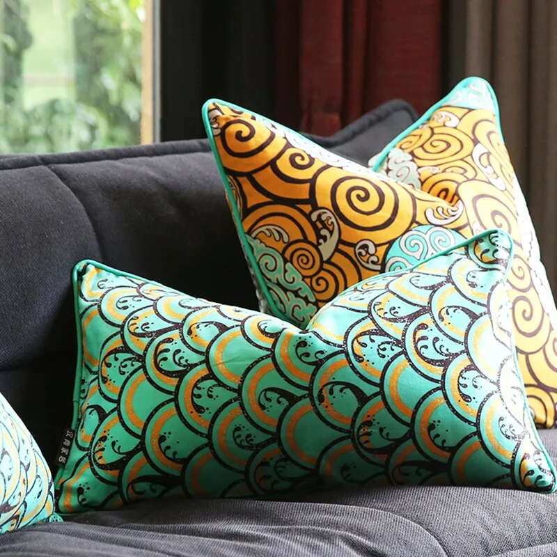 Modern Chinoiserie Blue and Orange Mandala Fish Scale Pillow Cover Collection