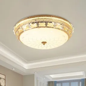 Modern Gold Flush LED Ceiling Light with Crystal Accents, Dome White Glass Shade - Ideal for Bedroom