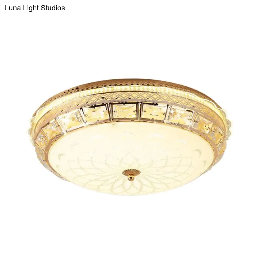 Modern Gold Flush LED Ceiling Light with Crystal Accents, Dome White Glass Shade - Ideal for Bedroom