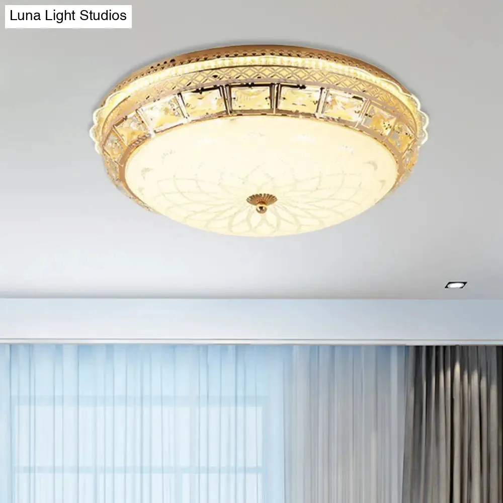 Modern Gold Flush LED Ceiling Light with Crystal Accents, Dome White Glass Shade - Ideal for Bedroom