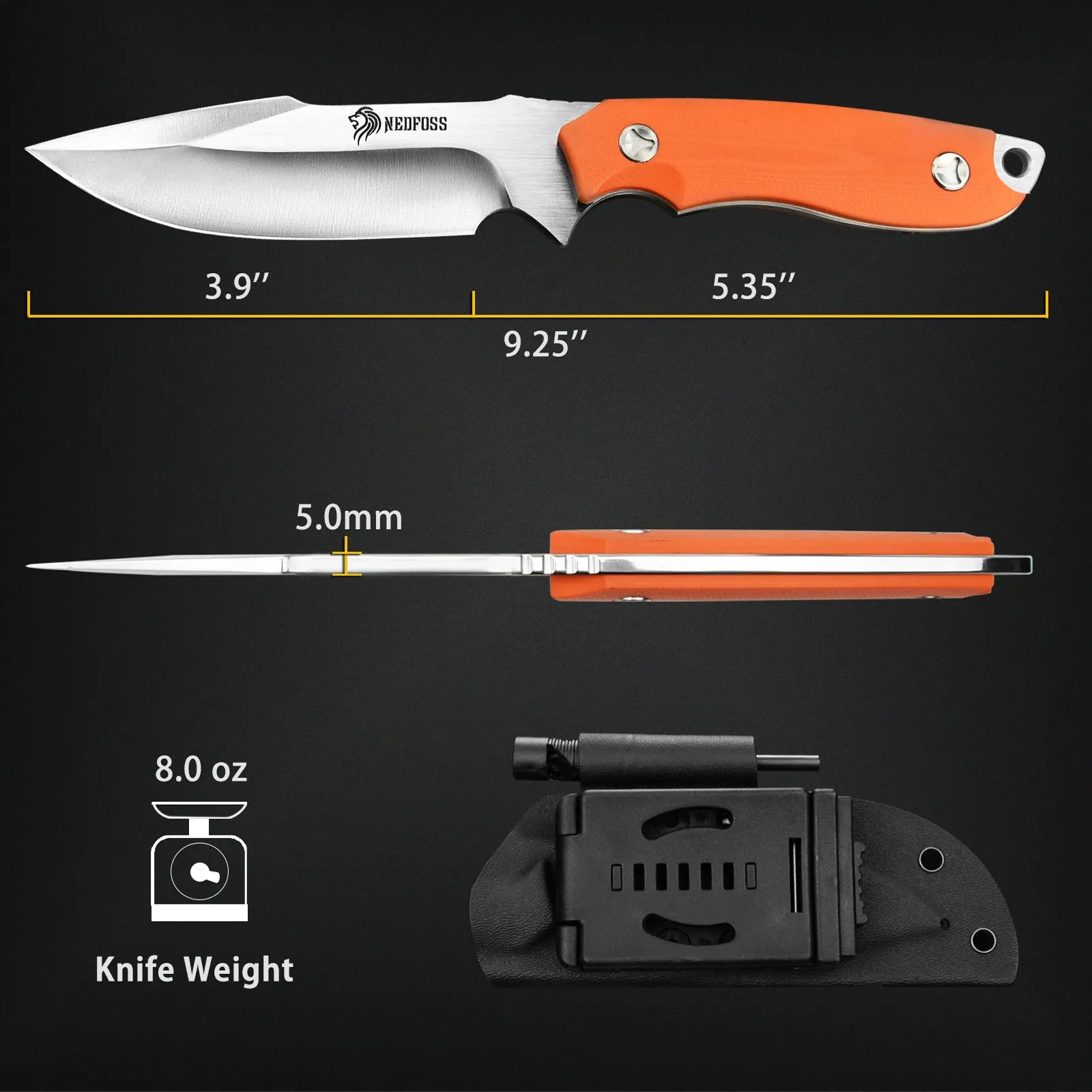 Nedfoss Free-Wolf Fixed Blade Survival Knife with 5Cr13Mov Blade and G10 Handle, Comes With Fire Starter and Kydex Sheath