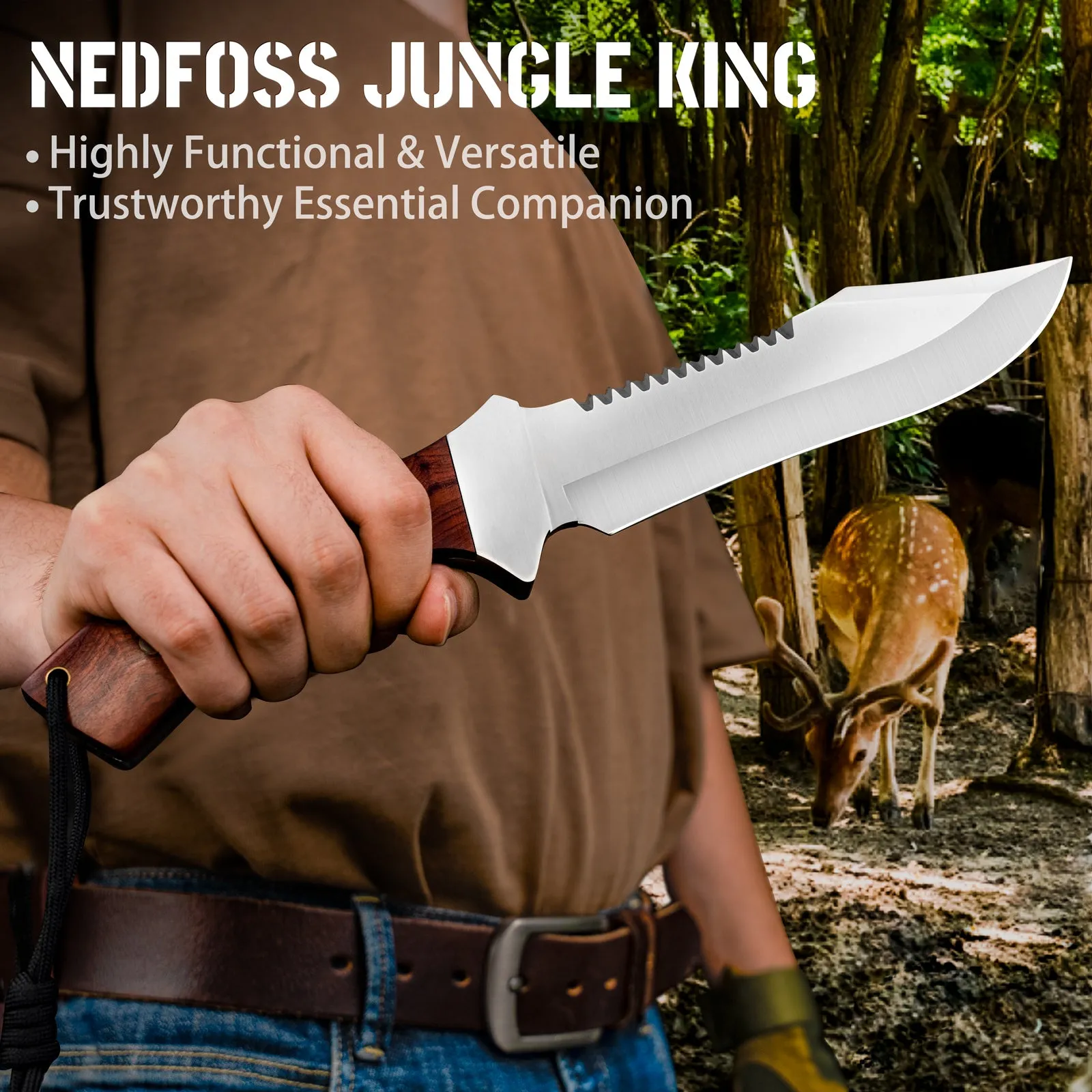 Nedfoss Jungle-King Full tang Fixed Blade Bowie Knife, Bushcraft Knives, Sturdy and Durable