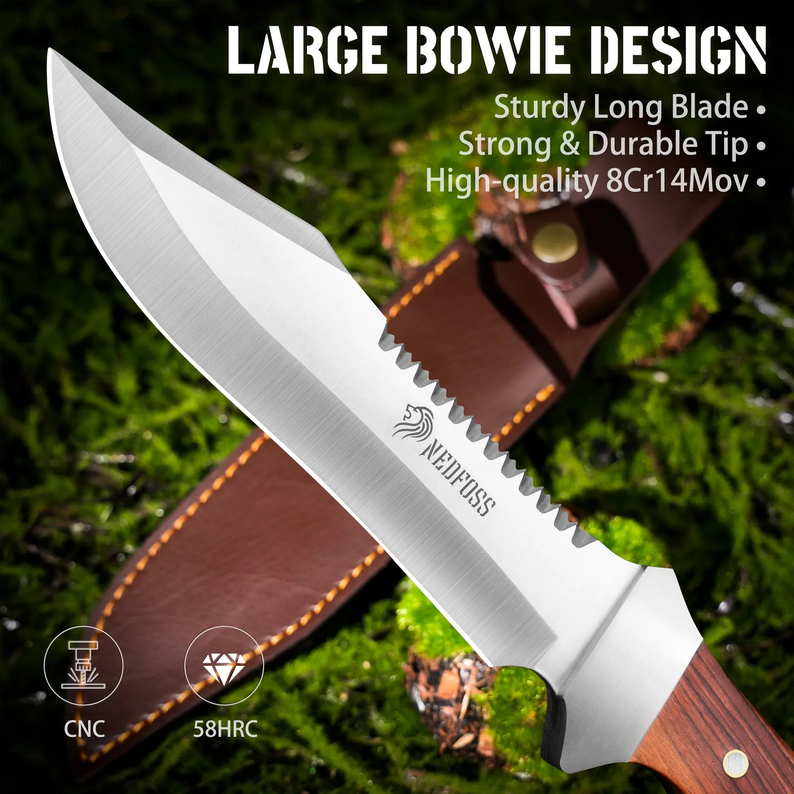 Nedfoss Jungle-King Full tang Fixed Blade Bowie Knife, Bushcraft Knives, Sturdy and Durable