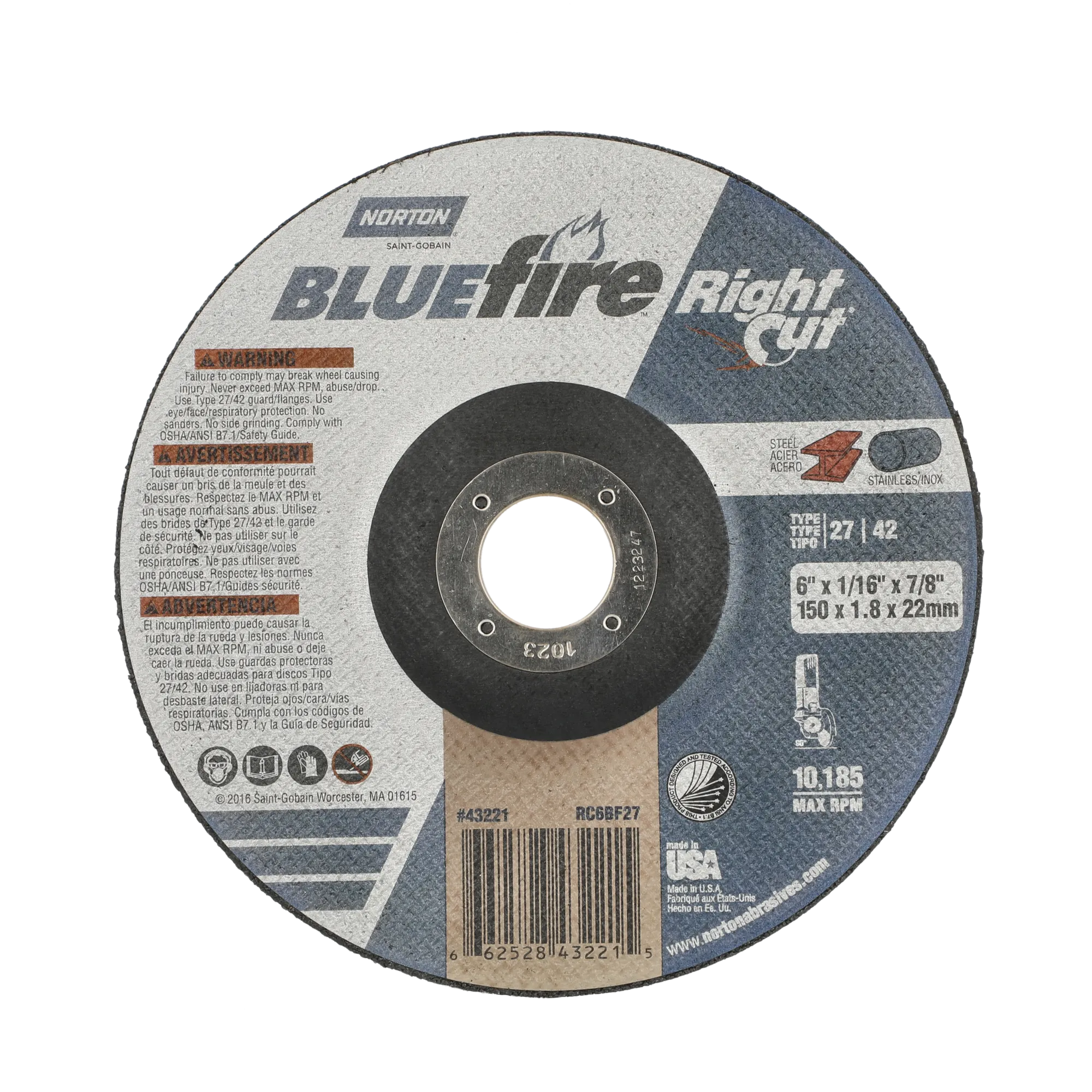 Norton 6 x 1/16 x 7/8 In. BlueFire RightCut Cutting Wheel 36 Q T27/42 25 Count