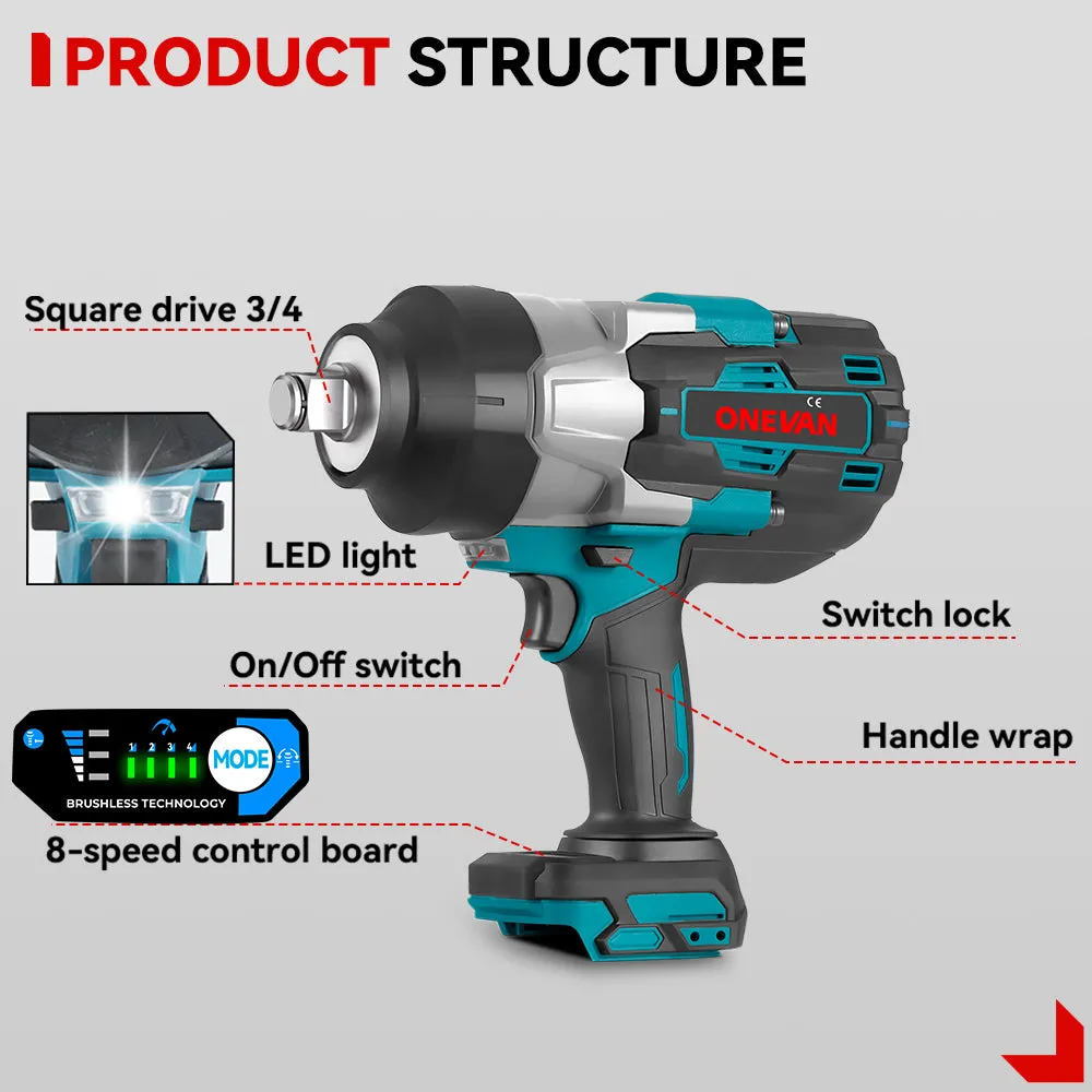 ONEVAN 3/4" 3500N·m Brushless Cordless Impact Wrench | For Makita 18V Battery