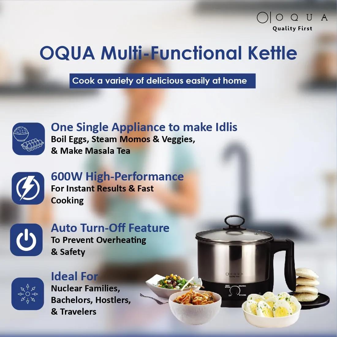 OQUA Premium Noodle & Rice Cooker |Multi Cooker Electric Kettle |Overheat and Boil Dry Protection |Easily Make Noodle, Rice, Porridge, Oats, Soup, Tea & Coffee |Serves Easily 2-3 People 1.5L Capacity