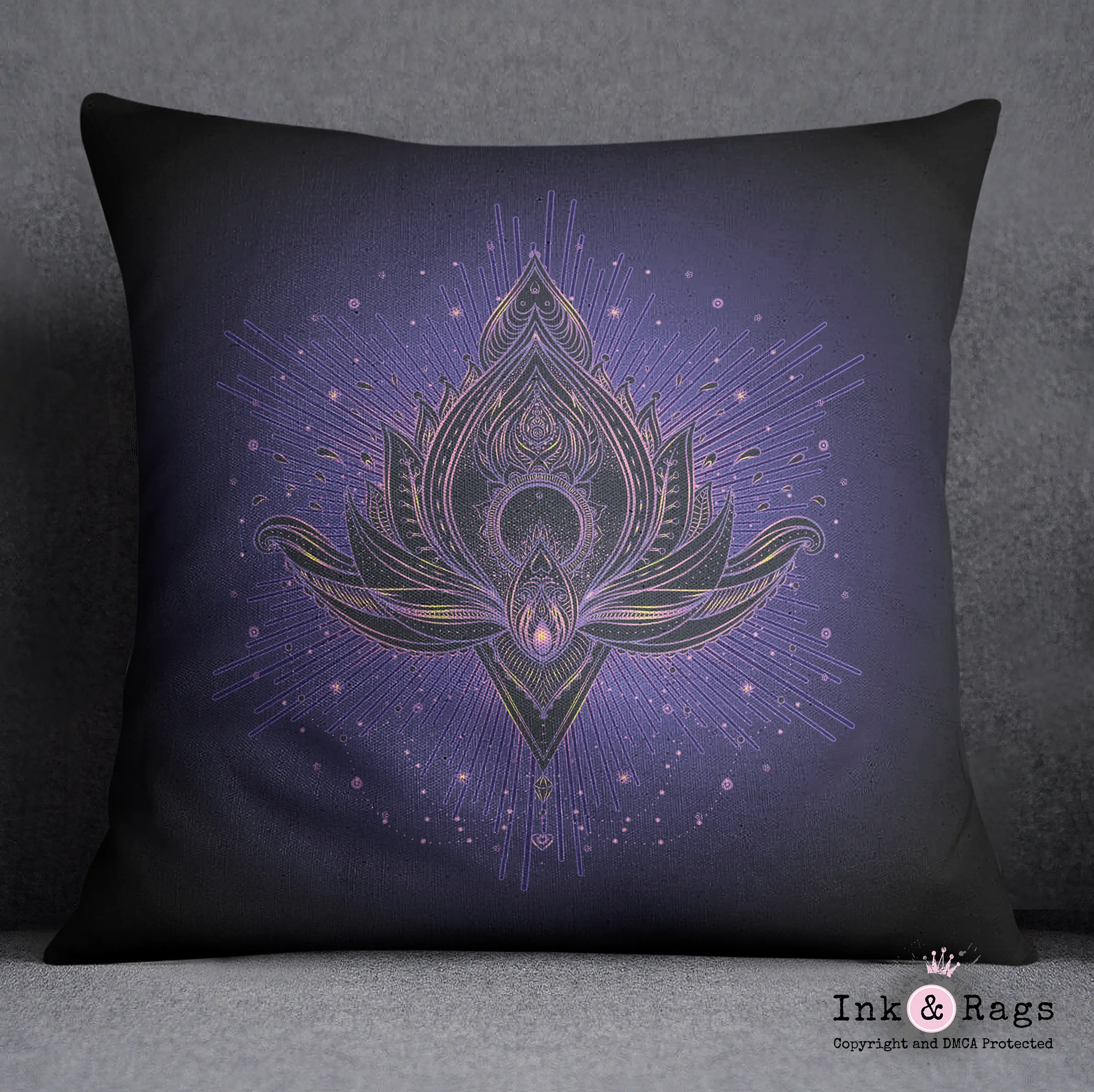 Purple Blue Tattoo Style Lotus Throw Pillow