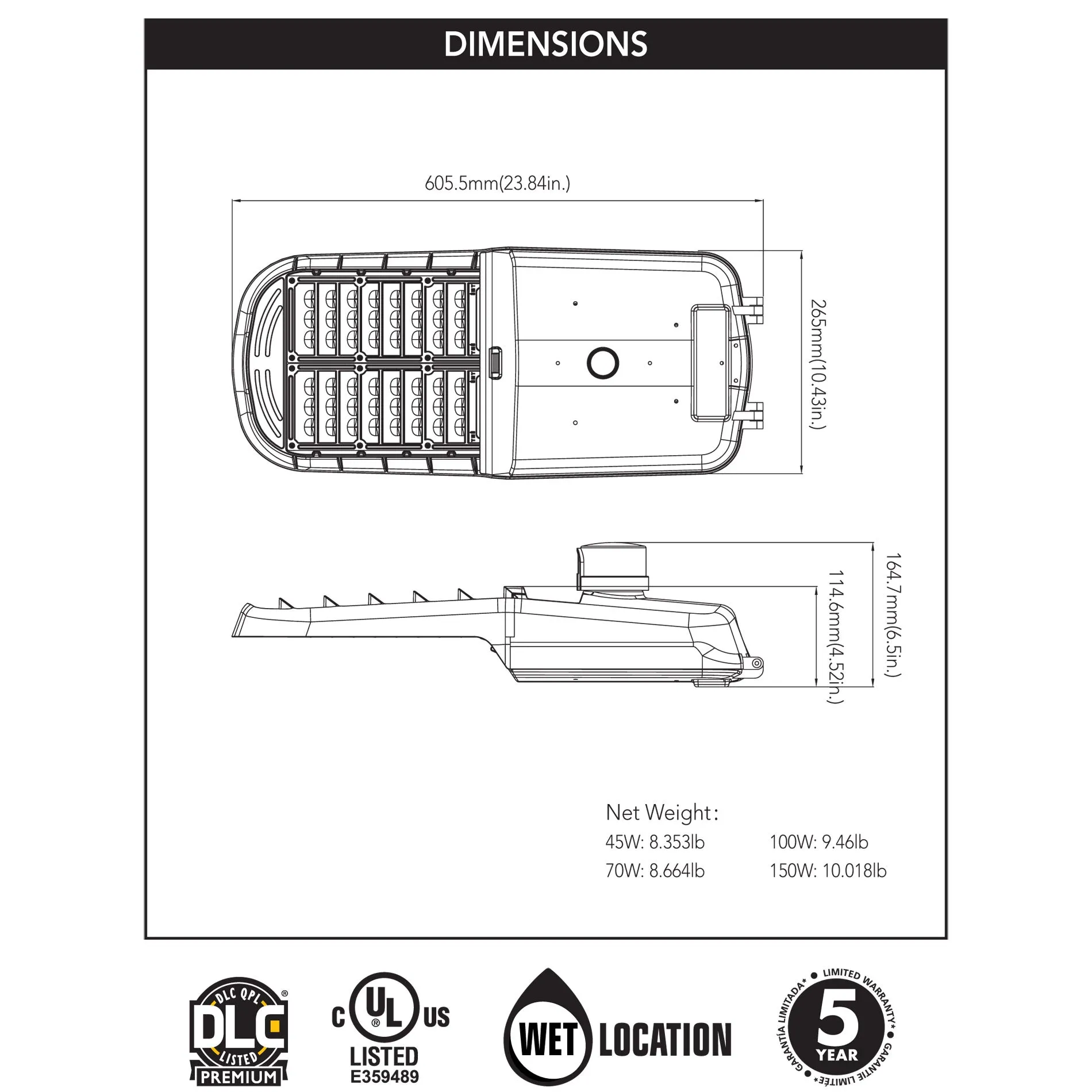 Roadway Luminaire 150 Watt Type III Photometry Silver Gray LED Light