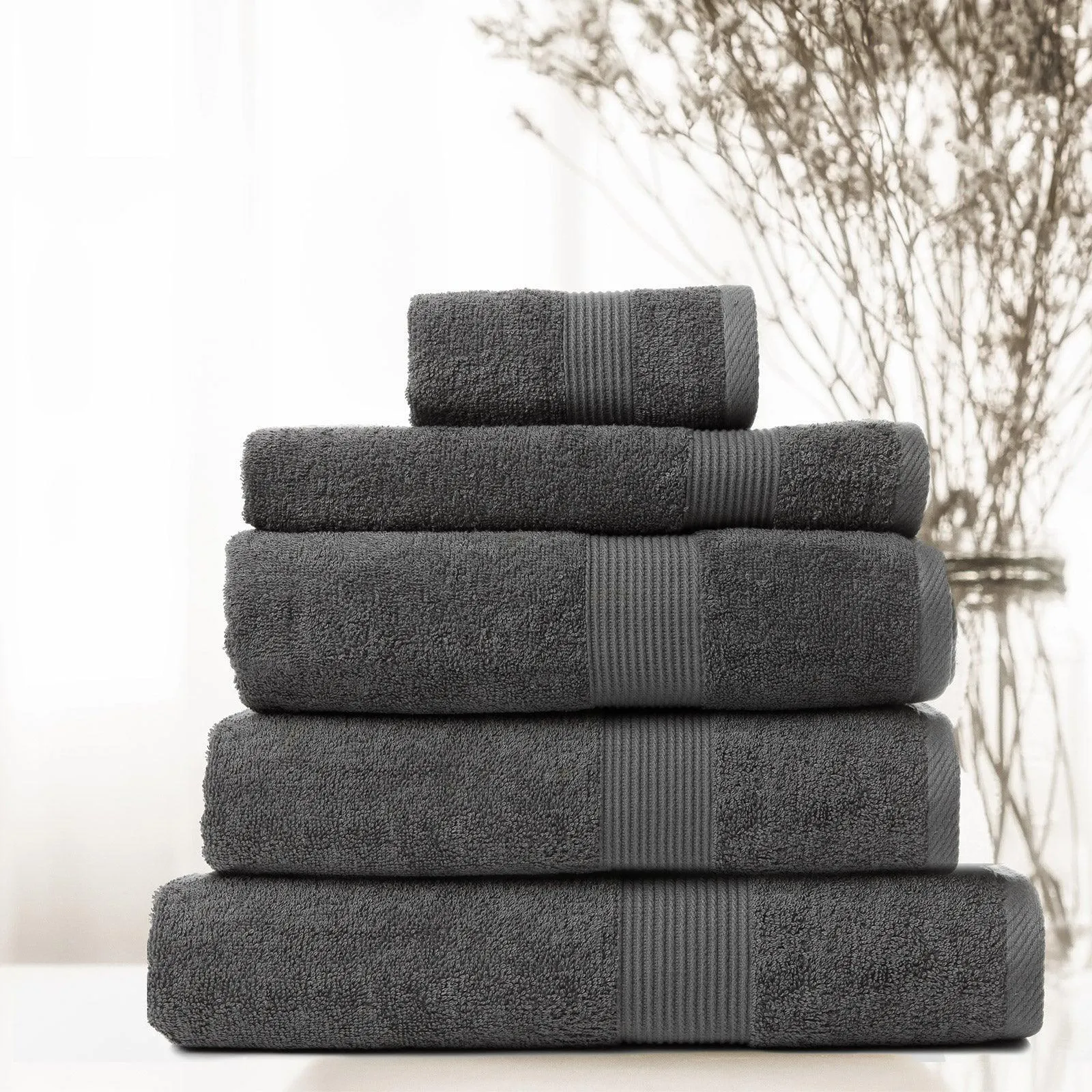 Royal Comfort 5 Piece Cotton Bamboo Towel Set 450GSM Luxurious Absorbent Plush - Granite