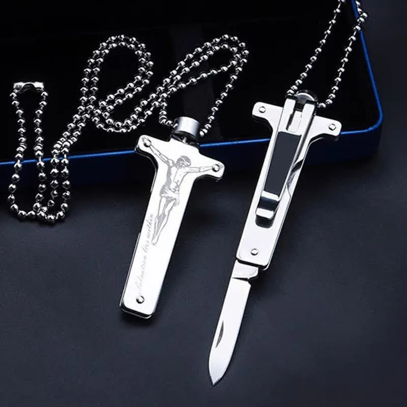 Skull DIY Hidden Knife Belt Buckle Rose Lighter Jesus Cross Necklace Bundle Set