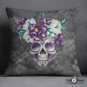 Slate Webbed Sugar Skull and Flower Throw Pillow