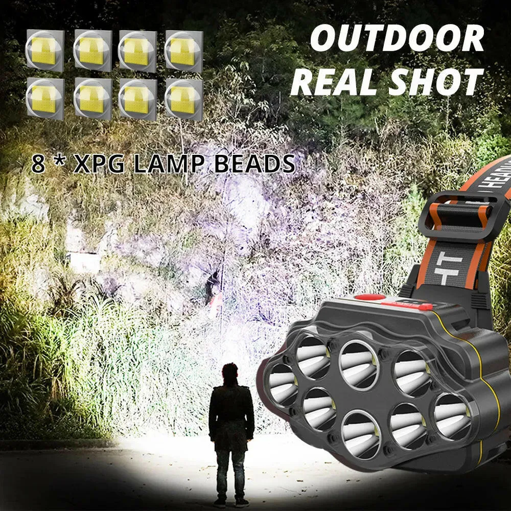 Strong Light Headlights 8*XPG LED Headlamp USB Rechargeable 18650 Battery Outdoor Camping Fishing Lamp Powerful Head Flashlight