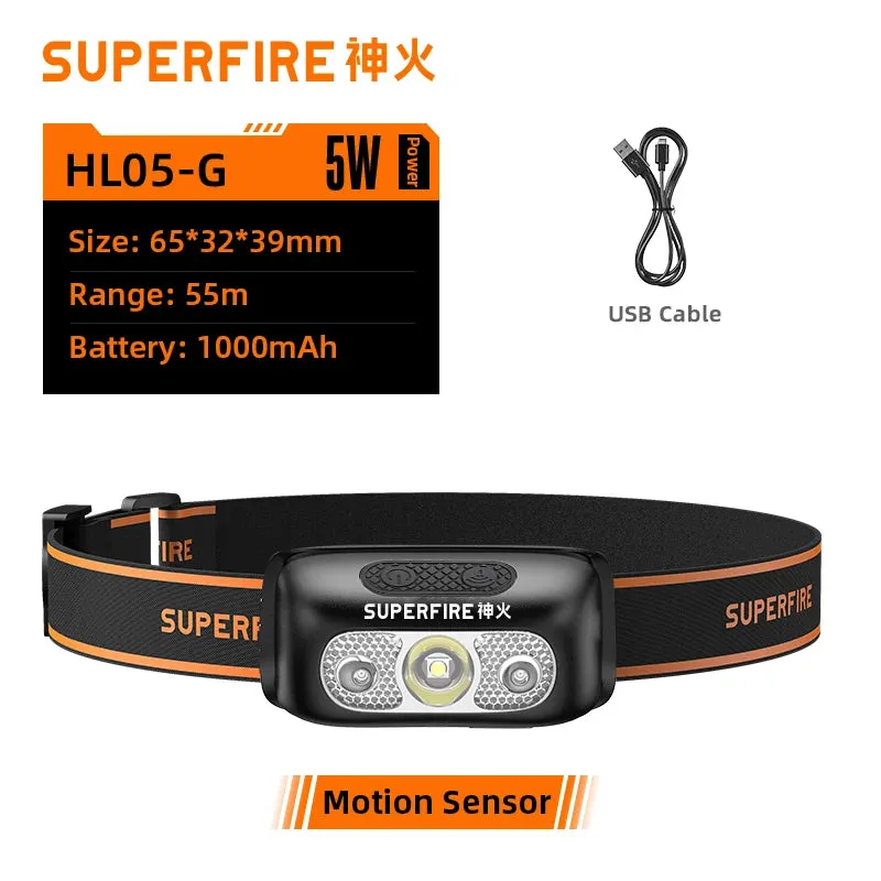 Superfire HL05-G LED Headlamp 5W Headlight USB Rechargeable Flashlight Motion Sensor Camping Fishing head lamp Mini Lantern