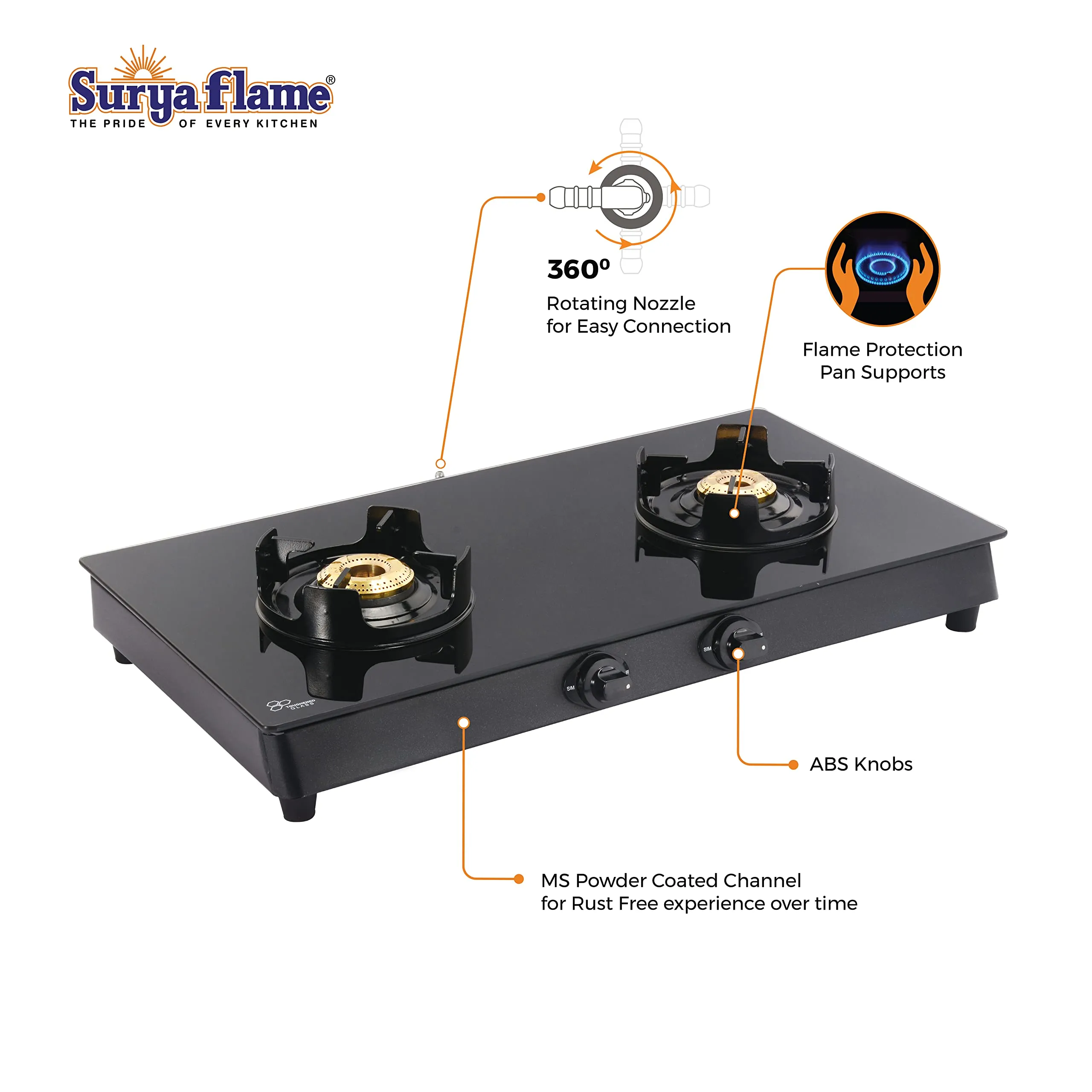 Surya Flame Black Beauty Gas Stove 2 Burners Glass Top LPG Stove | LPG Gas Dual Layer Rubber Hose Pipe 1.5M | Premier Stainless Steel Gas Lighter with Knife