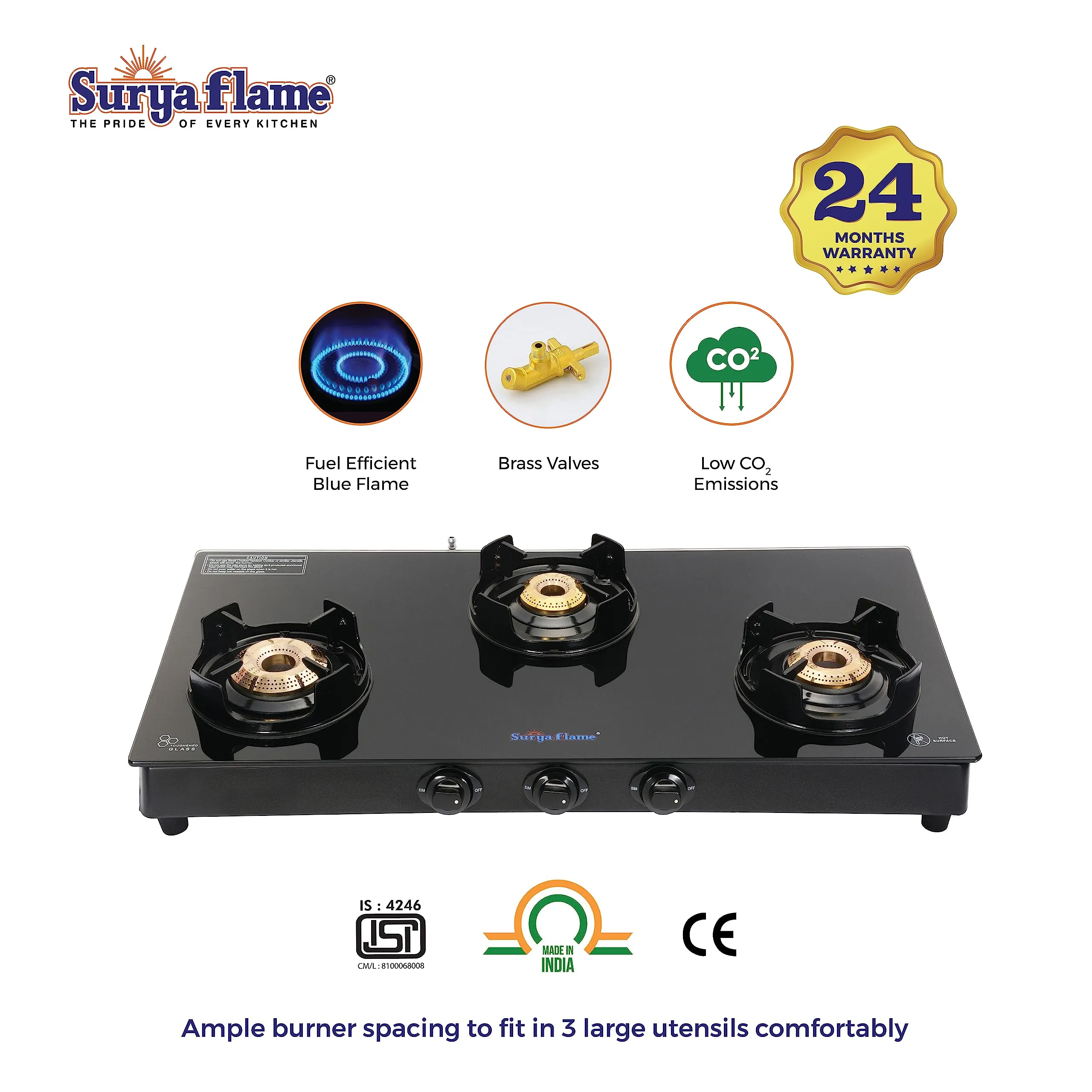 Surya Flame Black Beauty Gas Stove Glass Top | LPG Stove with Flame Protection Pan Support | Anti Skid Legs | 2 Years Complete Doorstep Warranty - Black (3 Burner, 2)