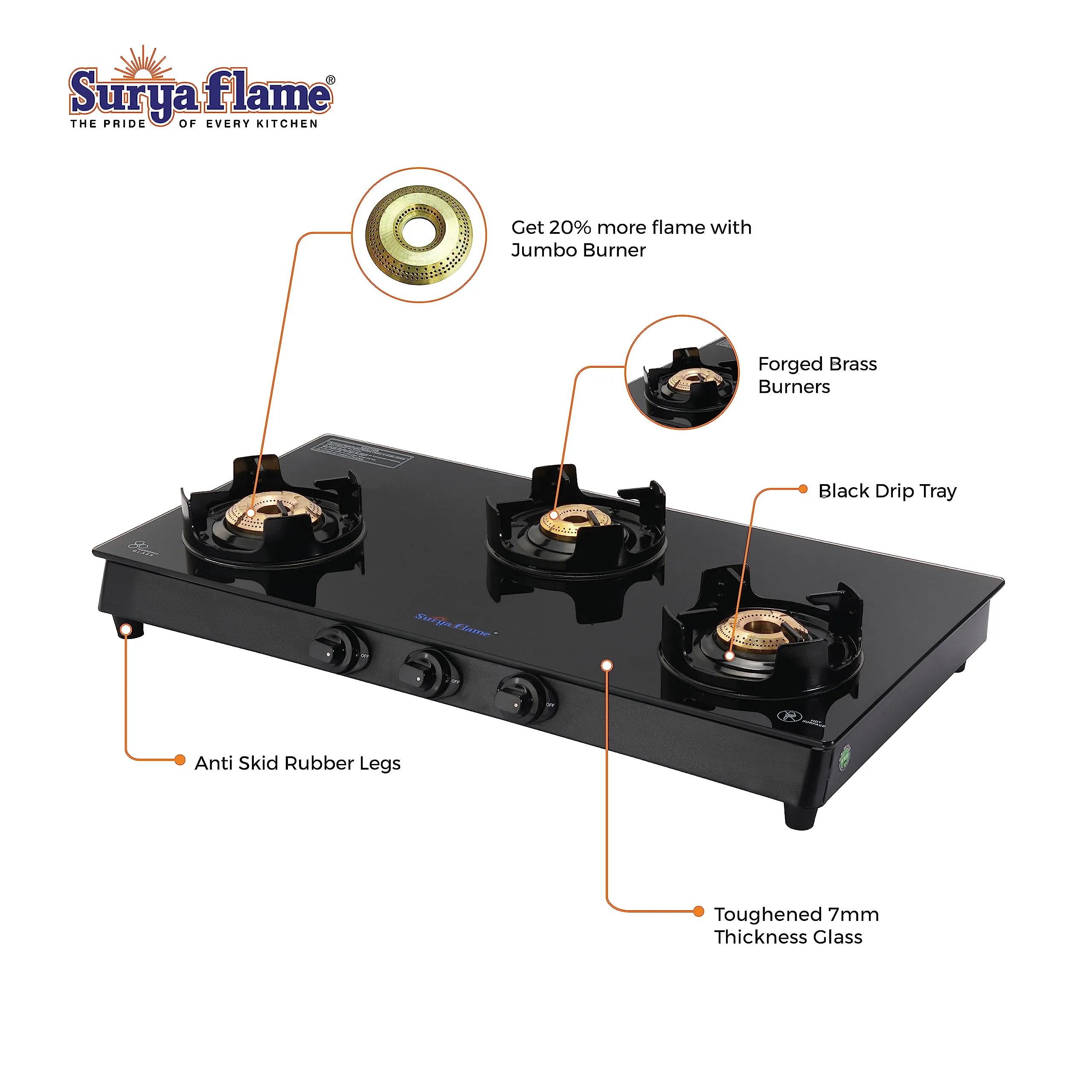 Surya Flame Black Beauty Gas Stove Glass Top | LPG Stove with Flame Protection Pan Support | Anti Skid Legs | 2 Years Complete Doorstep Warranty - Black (3 Burner, 2)