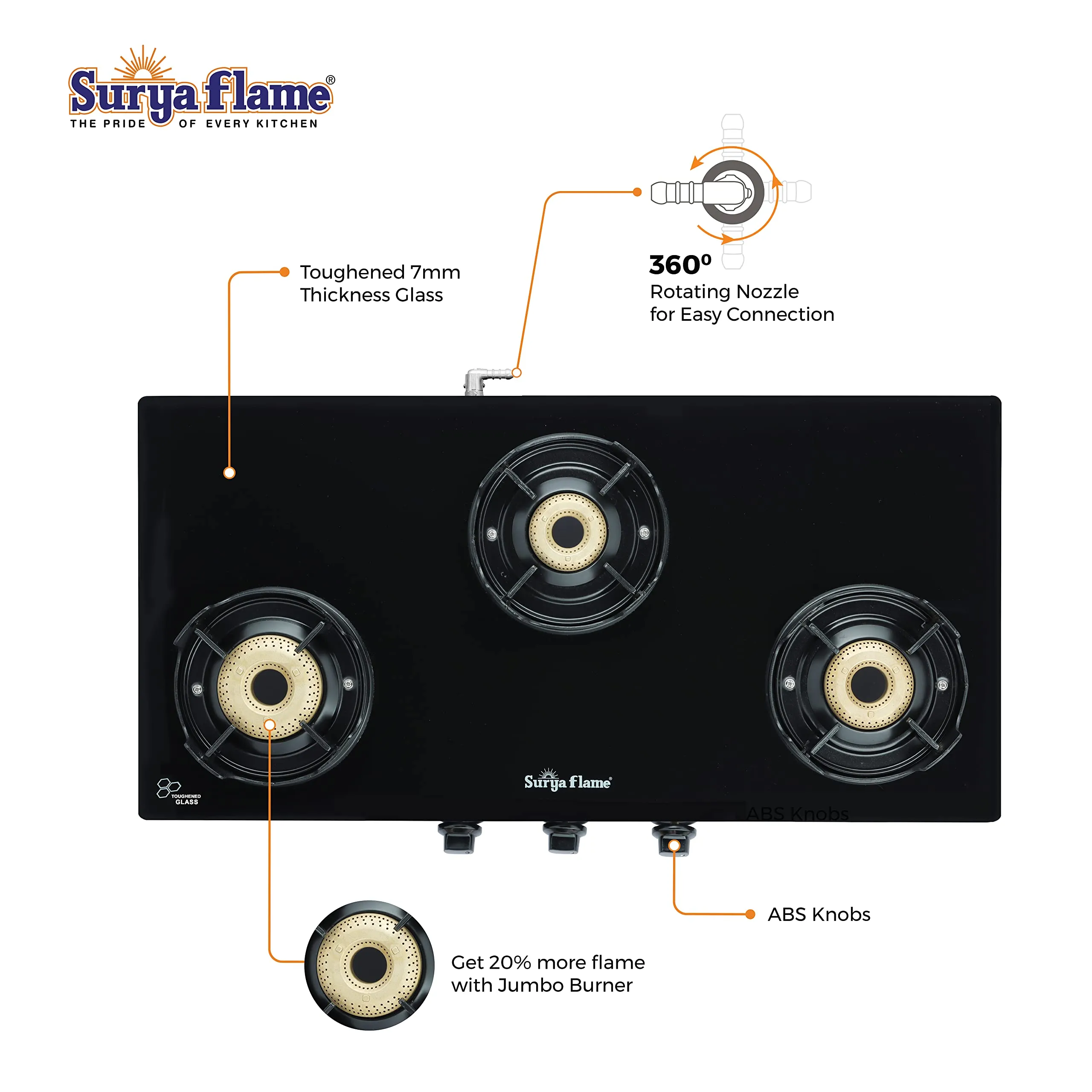 Surya Flame Black Beauty Gas Stove Glass Top | LPG Stove with Flame Protection Pan Support | Anti Skid Legs | 2 Years Complete Doorstep Warranty - Black (3 Burner, 2)