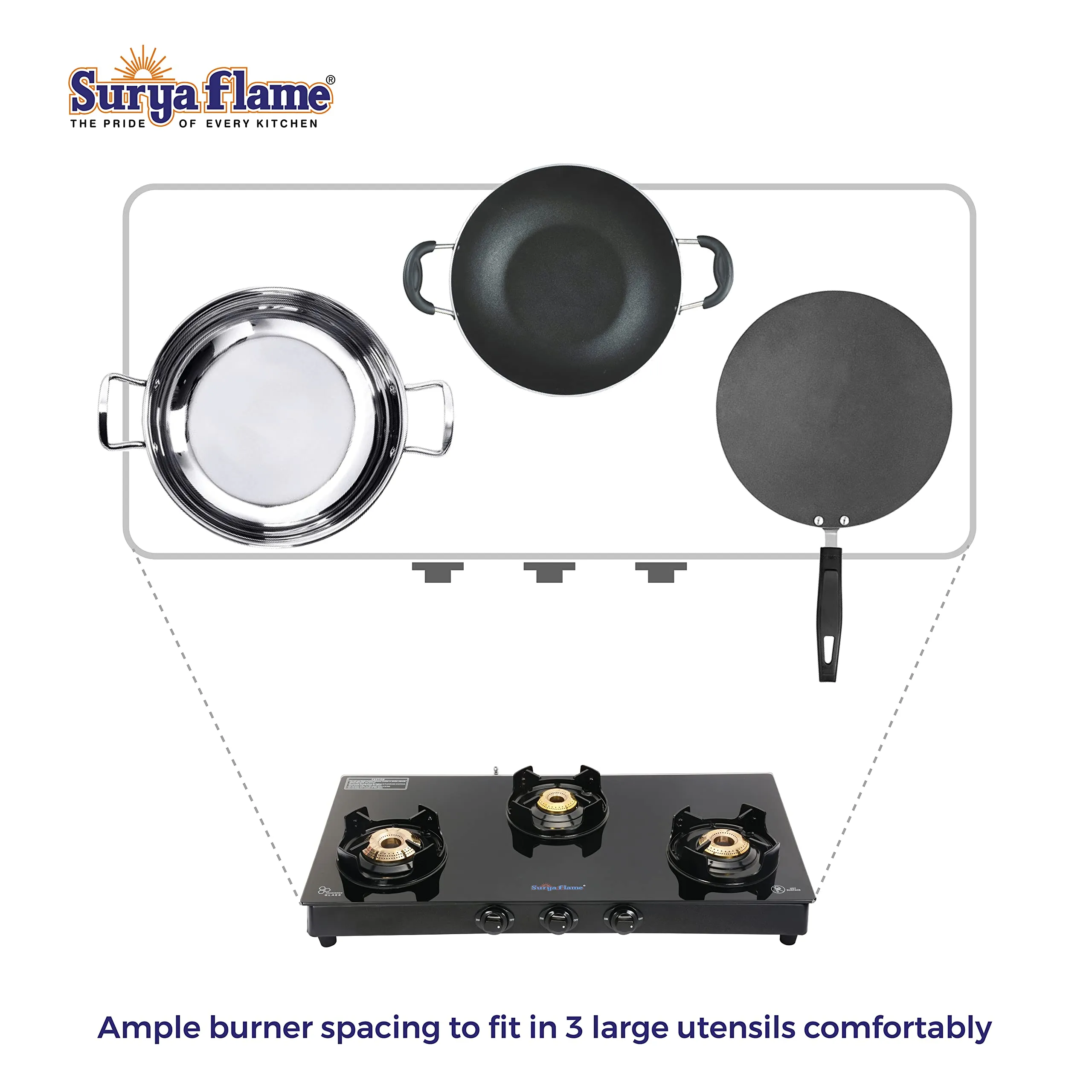 Surya Flame Black Beauty Gas Stove Glass Top | LPG Stove with Flame Protection Pan Support | Anti Skid Legs | 2 Years Complete Doorstep Warranty - Black (3 Burner, 2)