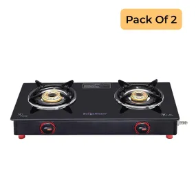 Surya Flame Smart Gas Stove 2 Burners Glass Top | Black Body PNG Stove With 69% Thermal Efficiency | Anti Skid Rubber Legs - 2 Years Complete Doorstep Warranty(Pack of 2)