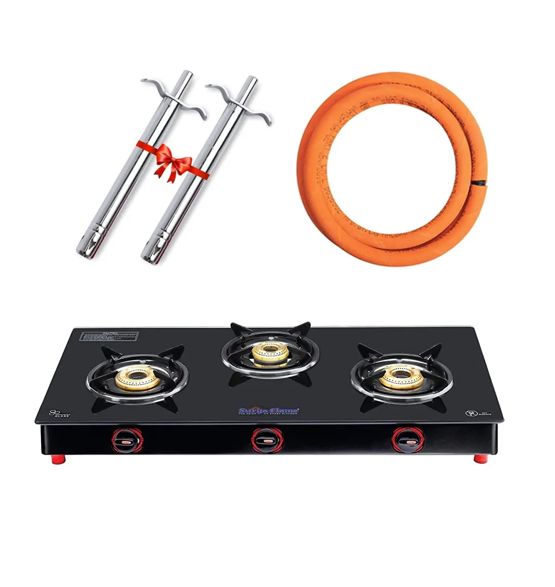 Surya Flame Smart Gas Stove 3 Burners Glass Top LPG Stove | LPG Gas Dual Layer Rubber Hose Pipe 1.5M | Chrome Stainless Steel Gas Lighter (Pack of 2)