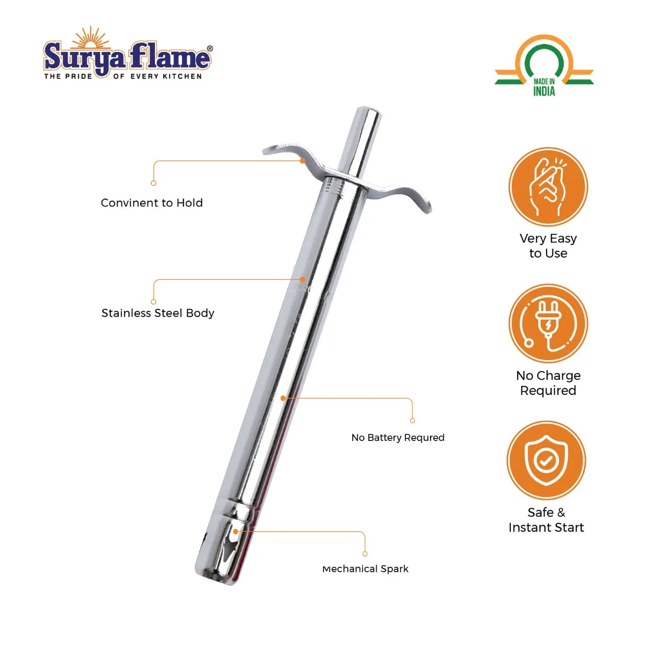 Surya Flame Smart Gas Stove 3 Burners Glass Top LPG Stove | LPG Gas Dual Layer Rubber Hose Pipe 1.5M | Chrome Stainless Steel Gas Lighter (Pack of 2)