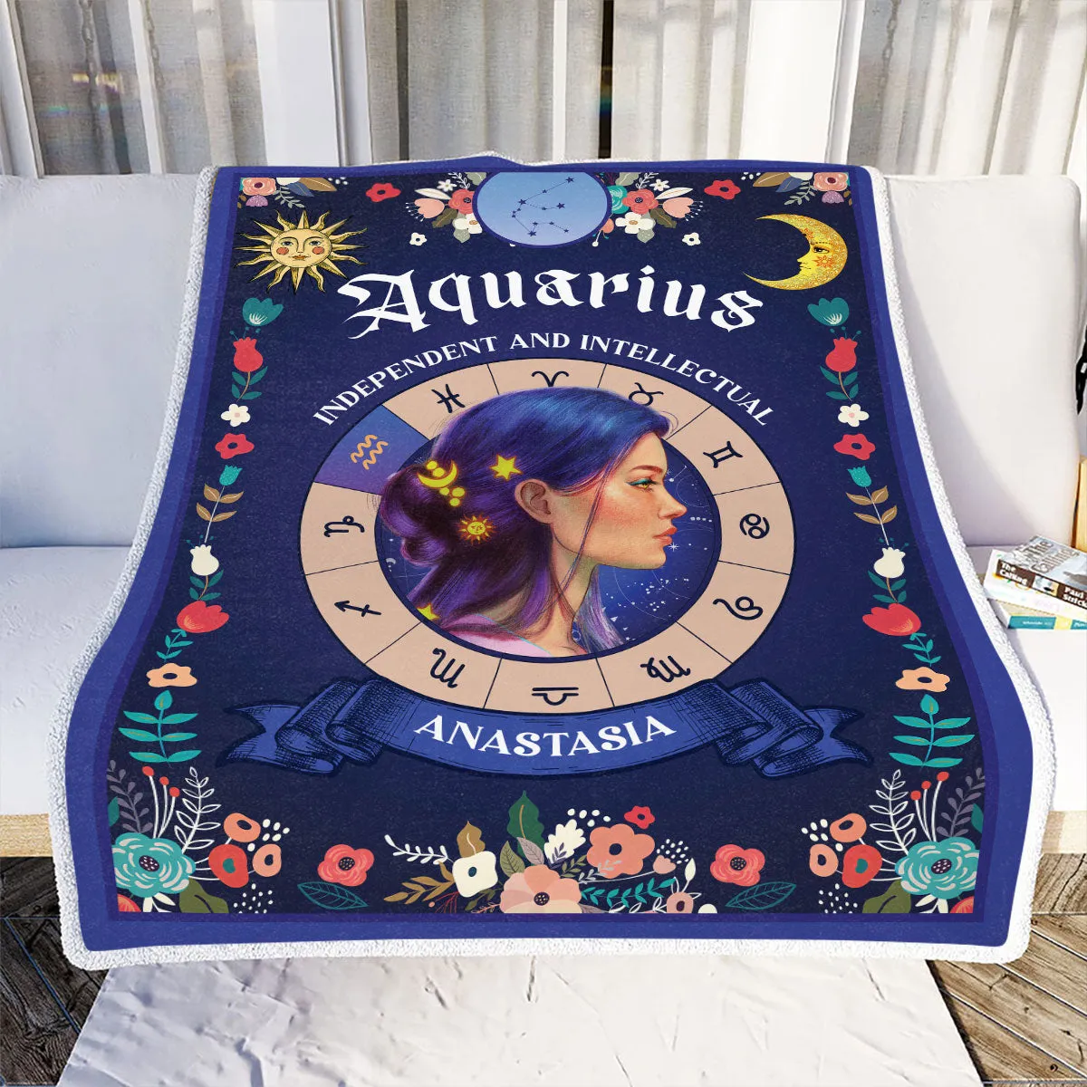 Teesdily | Aquarius Zodiac Sign Characteristics Customized Blanket Independent And Intellectual Sherpa Fleece Horoscope Design Astrology Gift Birthday