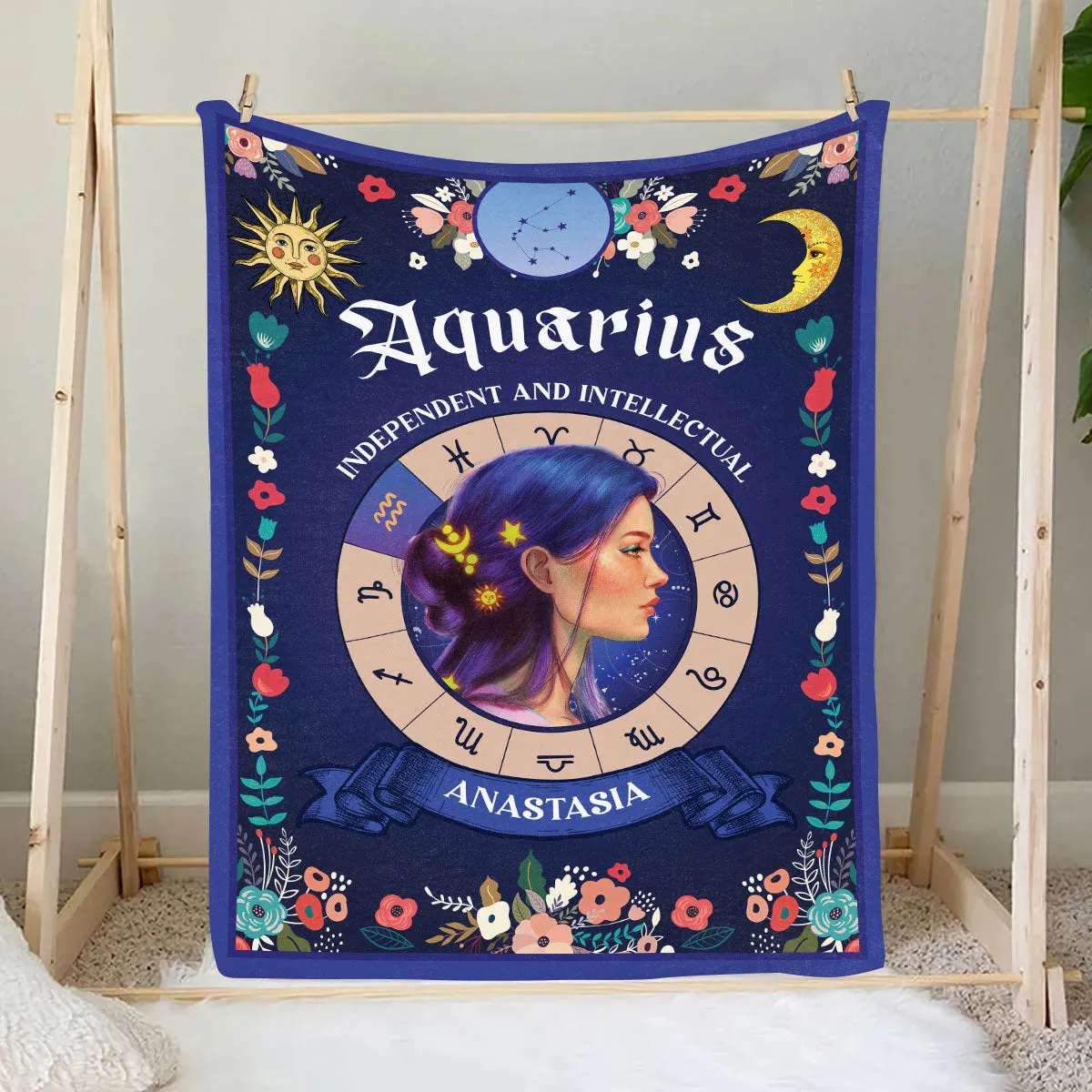 Teesdily | Aquarius Zodiac Sign Characteristics Customized Blanket Independent And Intellectual Sherpa Fleece Horoscope Design Astrology Gift Birthday