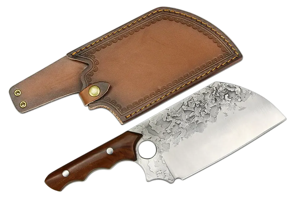 Tejas Cleaver Hammered 5cr15mov Stainless Steel with Rosewood Handle with Leather Sheath - 7"