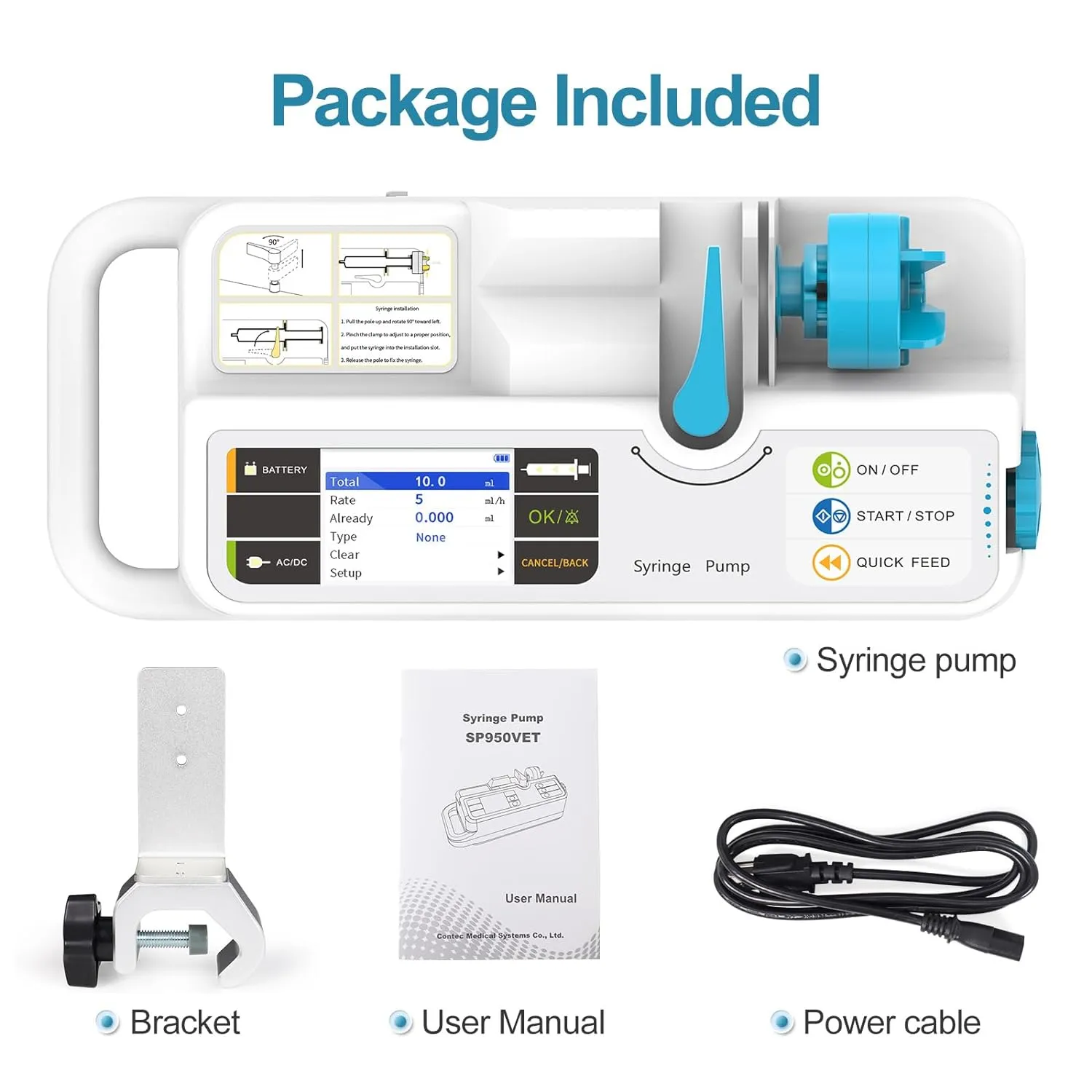 Veterinary Syringe Pump Rechargeable Pump Machine with KVO Adjustable Occlusion Threshold Alarm and Calibration