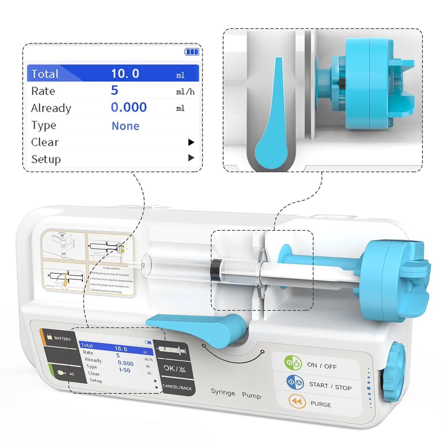 Veterinary Syringe Pump Rechargeable Pump Machine with KVO Adjustable Occlusion Threshold Alarm and Calibration