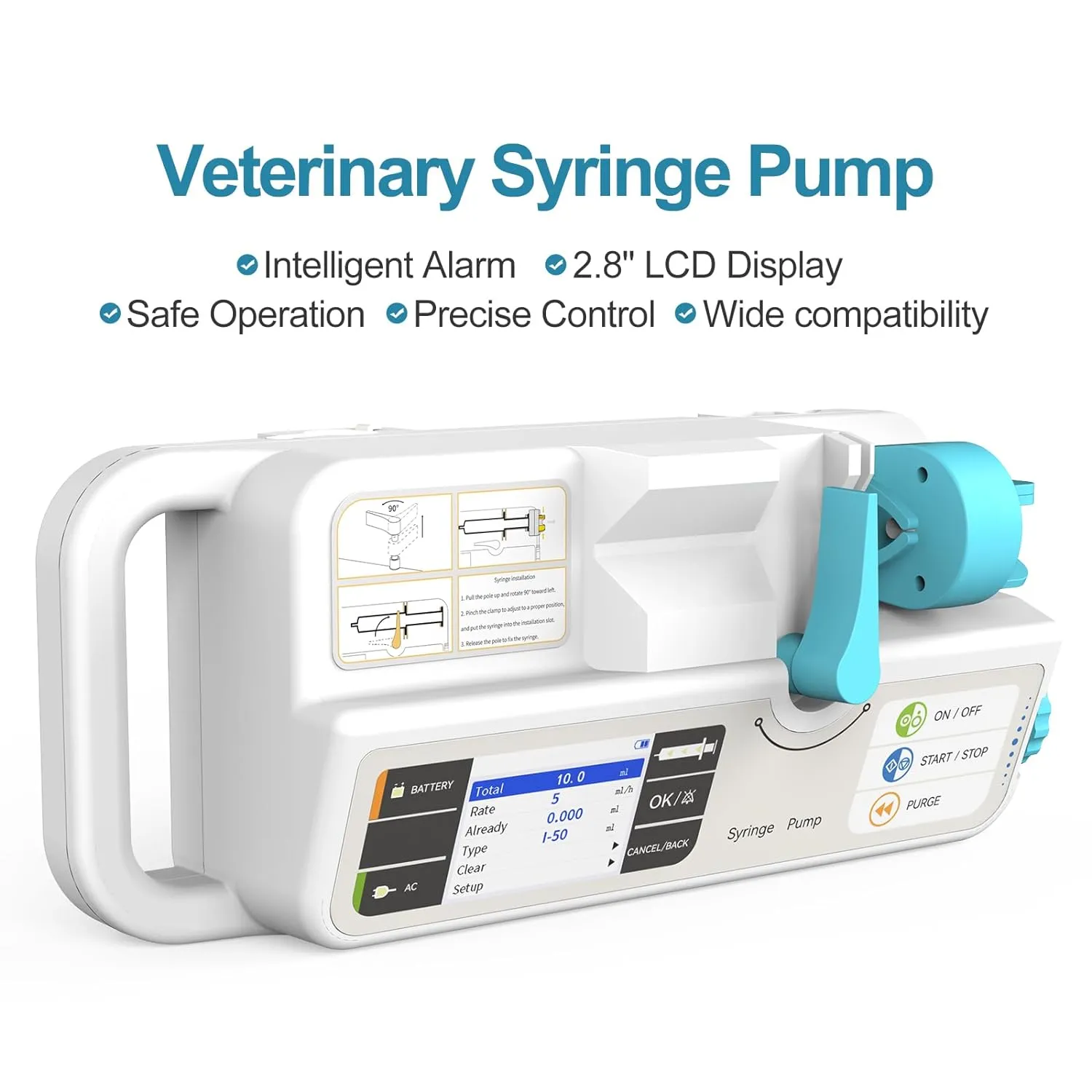 Veterinary Syringe Pump Rechargeable Pump Machine with KVO Adjustable Occlusion Threshold Alarm and Calibration