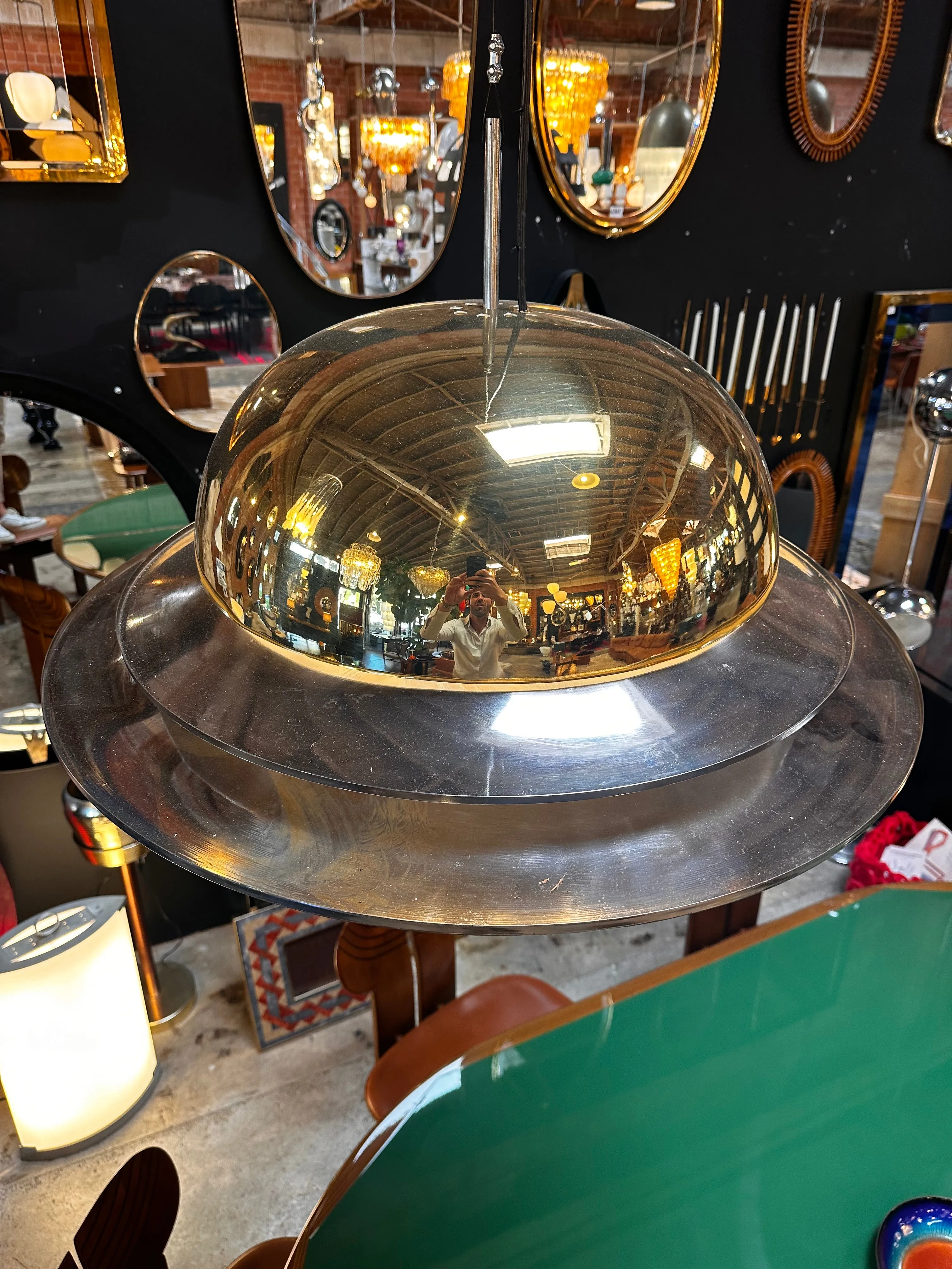 Vintage Italian Fully Brass UFO Pendant Light 1970s