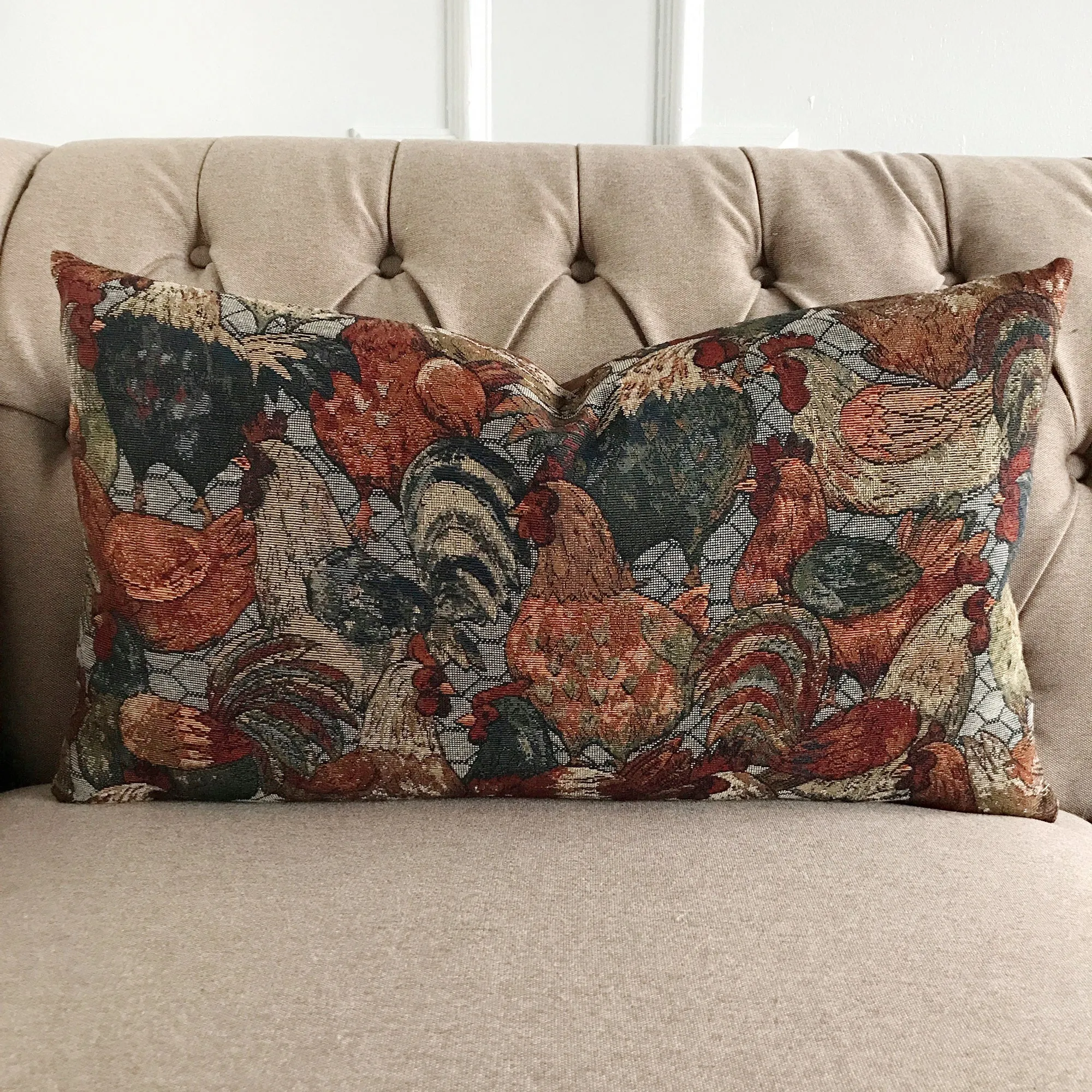 Vintage Tapestry Rustic Rooster Luxury Woven Lumbar Pillow Cover 15x26