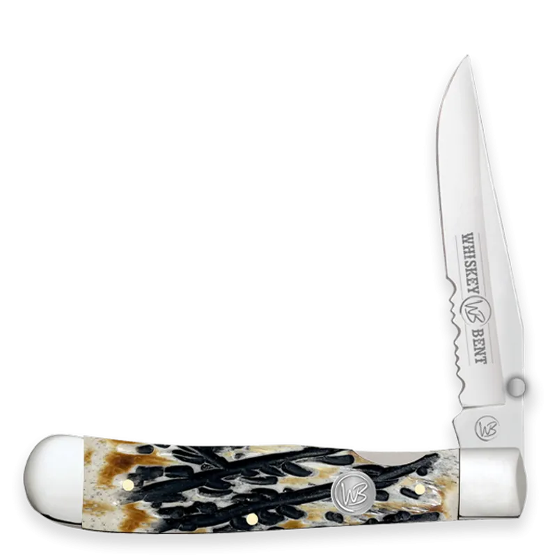 Whiskey Ranch Carved Burnt Bone Trapper Lock Knife - WB16-16