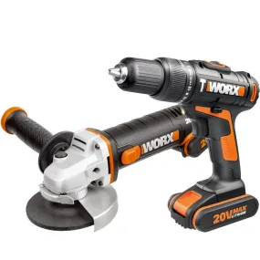 WORX IMPACT DRILL & ANGLE GRINDER 115MM 20V 2 X 2.0AH STD CHARGER WITH BAG WRX WX963